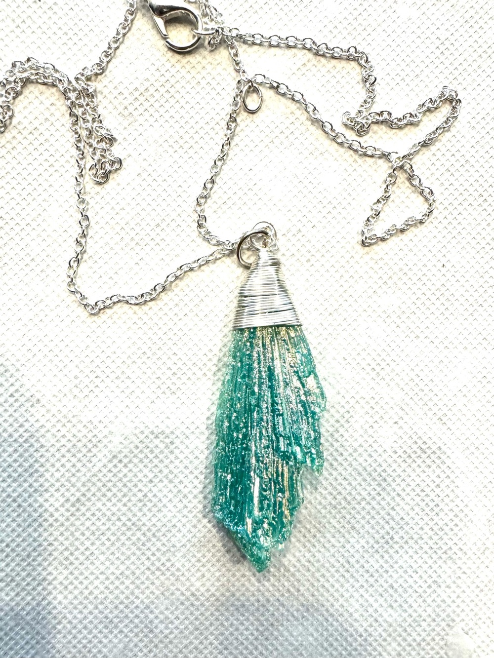 Aqua Kyanite Witch Broom wire wrap necklace  silver tone chain 16”+2” extender
